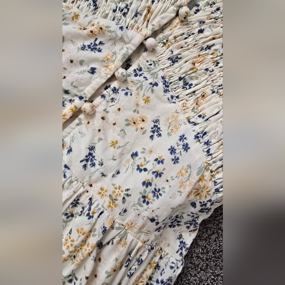 Neuflora Catalina Ruffled Dress Cream with Blue & Yellow Floral - Picture 3 of 6